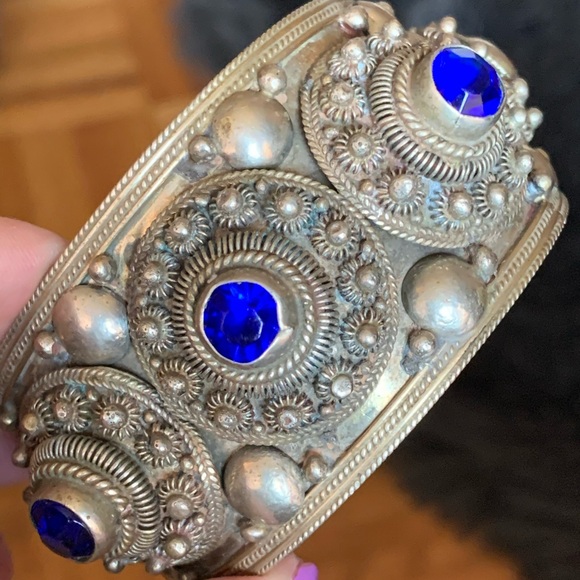 SIAM Wide Bangle Bracelet Cuff Sterling Silver Spiral Coil blue stones Handmade